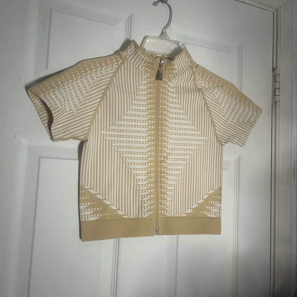 Beige and White Geometric Zip-Up Jacket